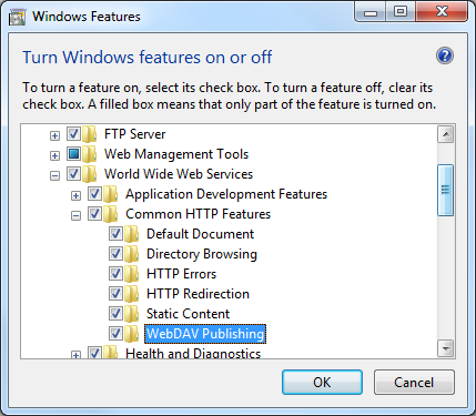 Image of World Wide Services and Common H T T P Features pane expanded and Web DAV Publishing selected.