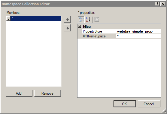 Screenshot of Namespace Collection Editor with web dav dash simple dash prop selected from the drop down list.