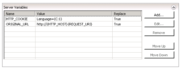 Screenshot of the Server Variables dialog box with H T T P underscore COOKIE and ORIGINAL underscore U R L entered in the Name field.