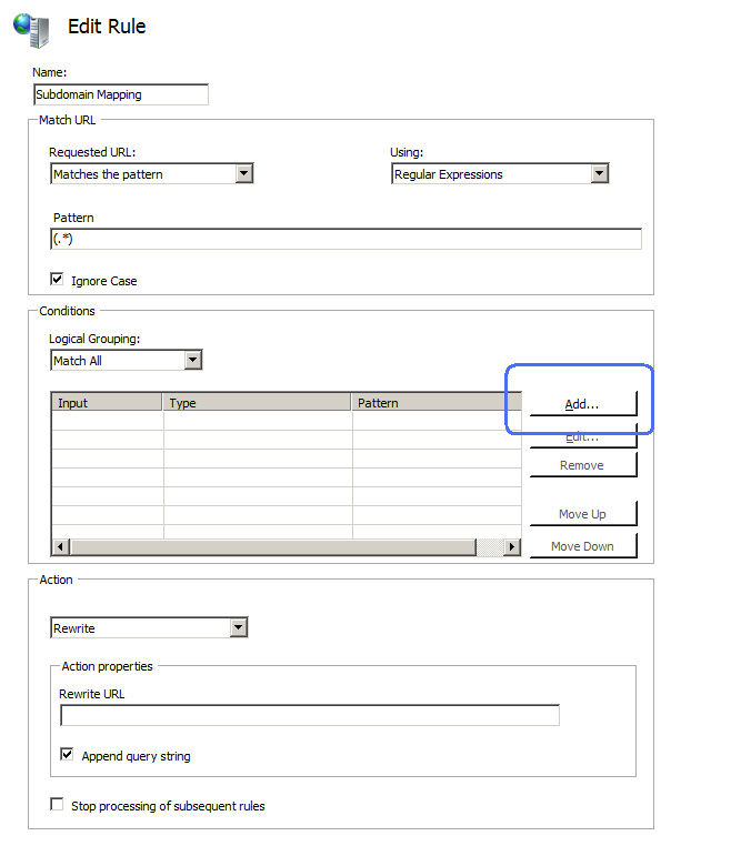 Screenshot of the Edit Rule page. The Add button in the Conditions category is highlighted.