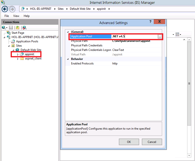 Screenshot of the I I S Manager's Advanced Settings menu.The sample appication and application pool are highlighted.