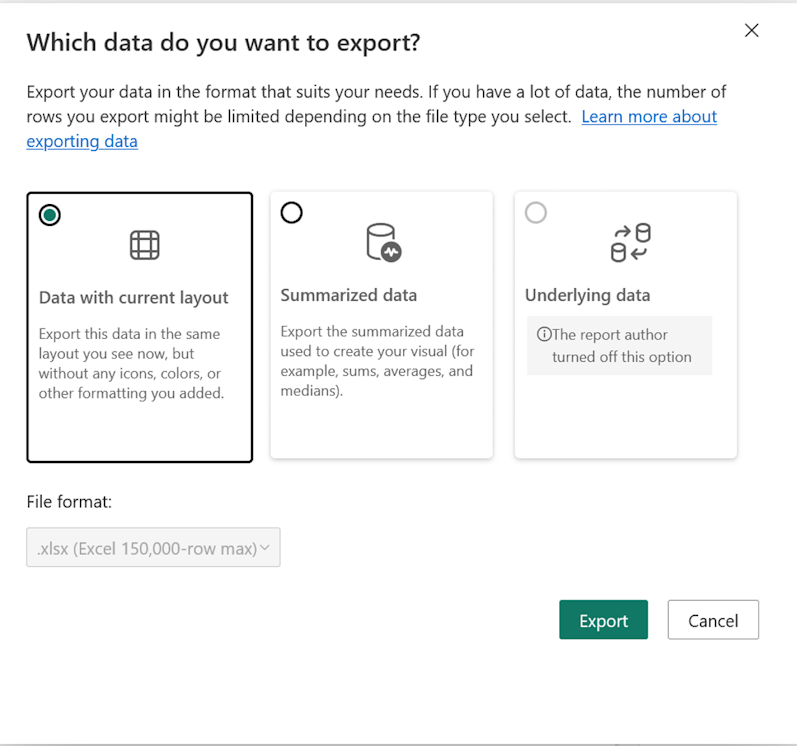 Obrázek ukazuje, jak exportovat data s aktuálním rozložením.