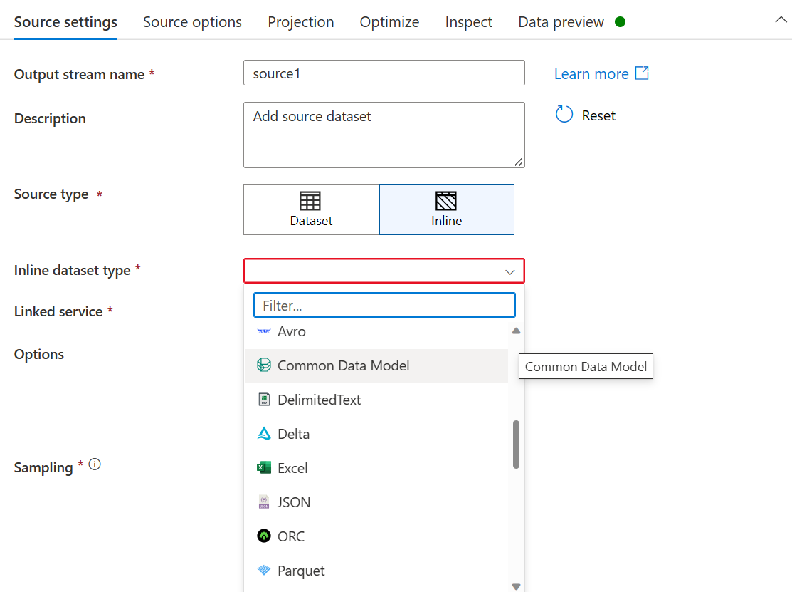 Obrázek ukazuje Common Data Model jako vložený zdroj.