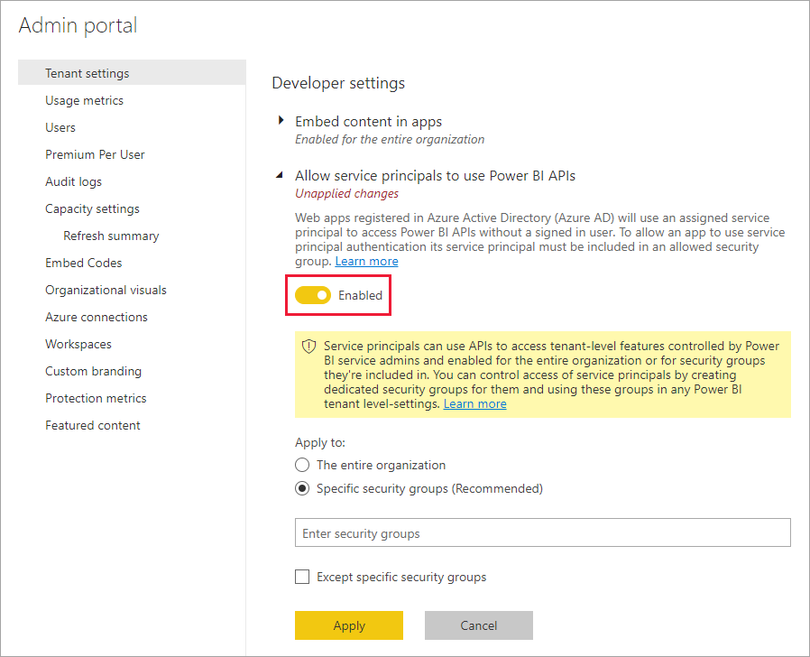 Obrázek ukazuje, jak povolit instančním objektům používat rozhraní API Power BI.