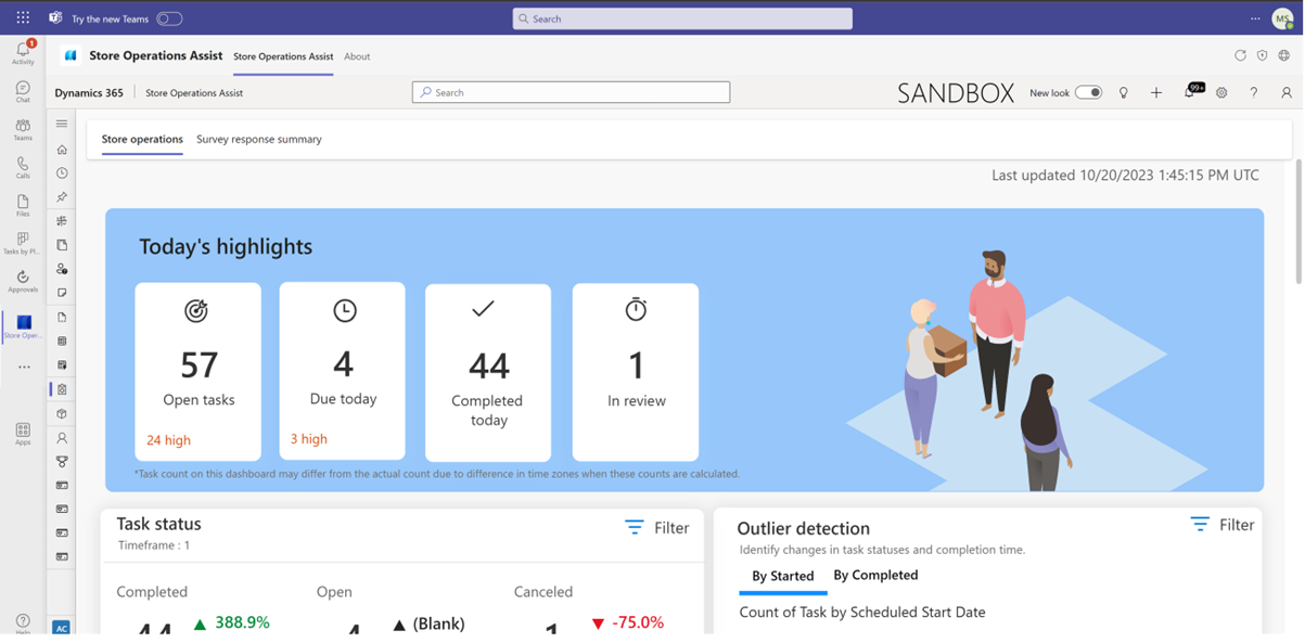 Obrázek ukazuje operace obchodu otevřené v Microsoft Teams.