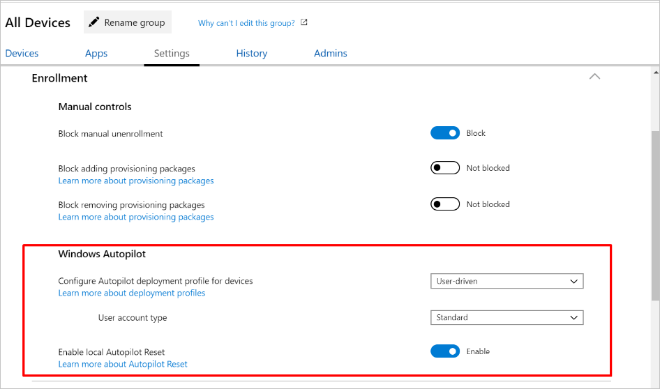 Snímek obrazovky se skupinou Všechna zařízení, nastavením registrace a Windows Autopilot části