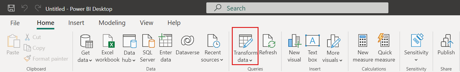 Snímek obrazovky s možností transformovat data v Power BI Desktopu