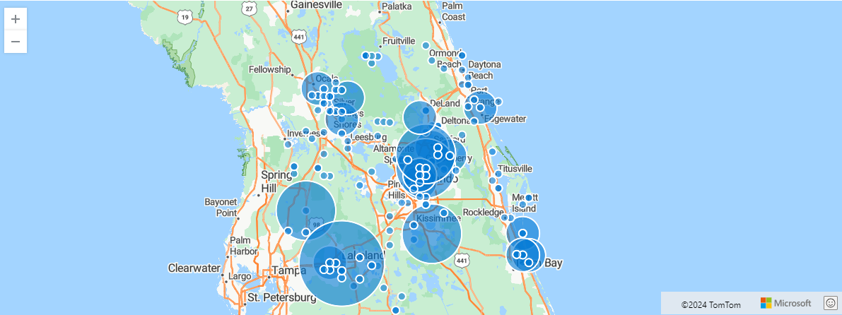 Snímek obrazovky s událostmi stormu na bublinové mapě