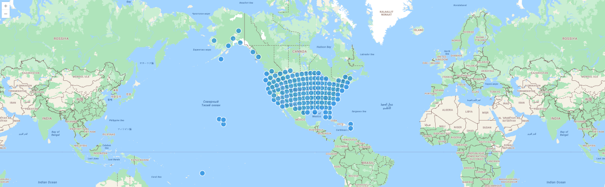 Snímek obrazovky s ukázkovými událostmi Storm GeoJSON