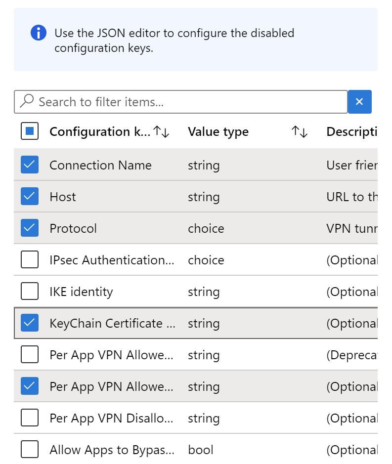 Přidejte konfigurační klíče do zásad konfigurace aplikace VPN v Microsoft Intune pomocí konfiguračních Designer – příklad.