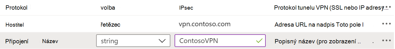 Příklady protokolu, názvu připojení a názvu hostitele v zásadách konfigurace aplikace VPN v Microsoft Intune pomocí konfiguračního Designer