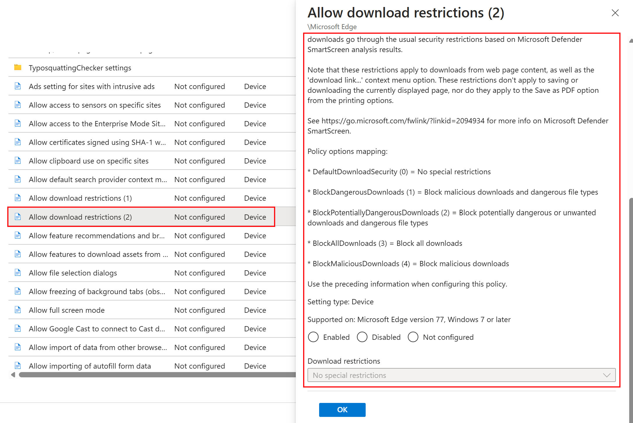 Snímek obrazovky s výběrem šablony Microsoft Edge ADMX a výběrem ukázkového nastavení v centru pro správu Microsoft Intune a Intune