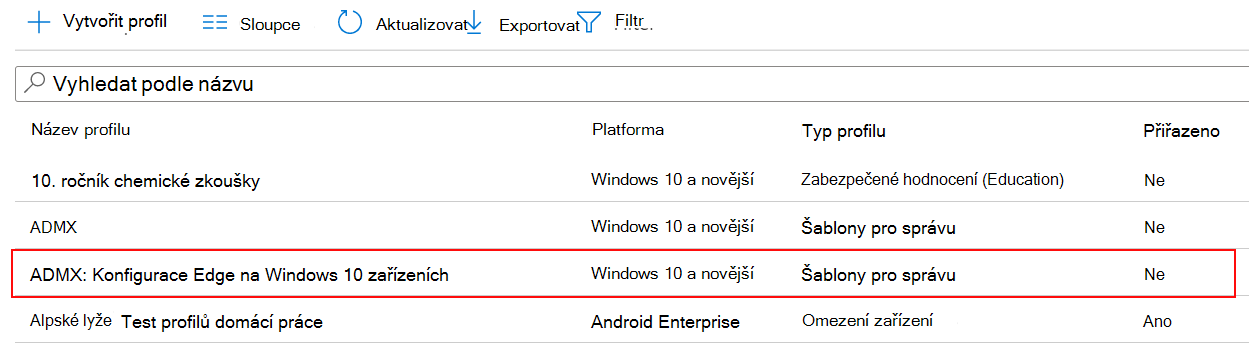 Snímek obrazovky s nastavením zásad ADMX se zobrazuje v seznamu konfiguračních profilů zařízení v centru pro správu Microsoft Intune a Intune.