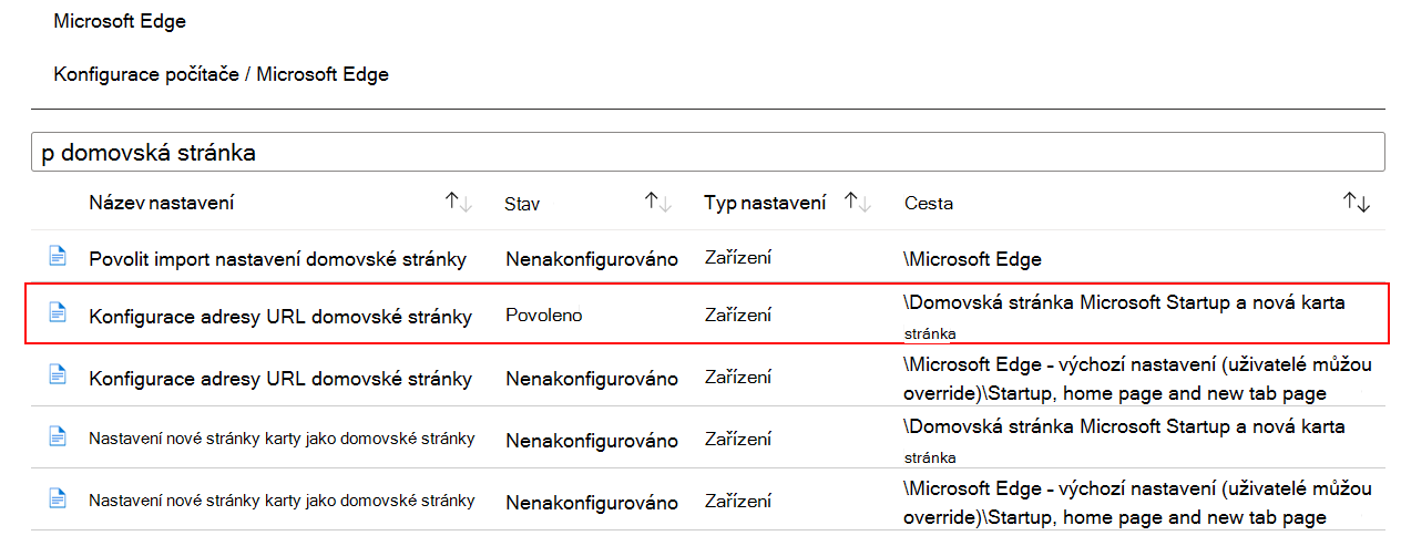 Snímek obrazovky se stavem Při konfiguraci nastavení ADMX se v centru pro správu Microsoft Intune a Intune zobrazuje stav Povoleno.