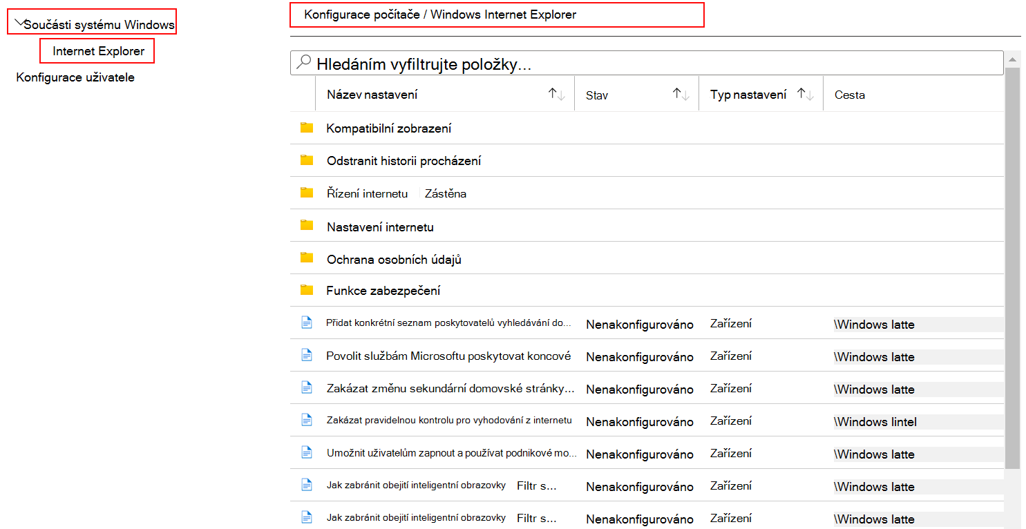 Zobrazení všech nastavení zařízení, která platí pro Internet Explorer v Microsoft Intune a Centru pro správu Intune