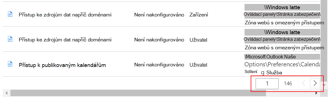 Podívejte se na ukázkový seznam nastavení a použijte tlačítka předchozí a další v Centru pro správu Intune a v Microsoft Intune.