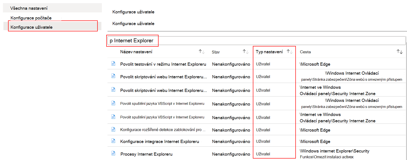V šabloně ADMX vyberte konfiguraci uživatele a vyhledejte nebo vyfiltrujte Internet Explorer v Microsoft Intune.