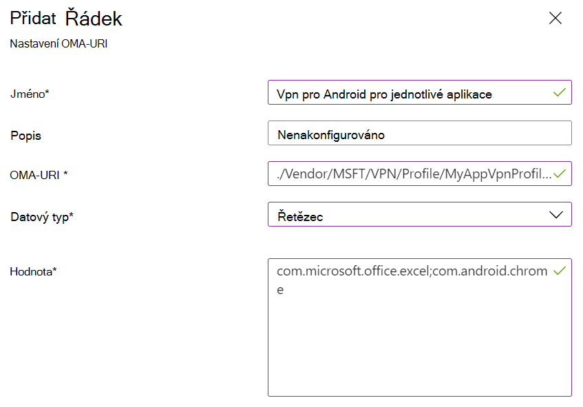 Snímek obrazovky znázorňující vlastní zásady VPN pro správce zařízení s Androidem pro jednotlivé aplikace v Microsoft Intune