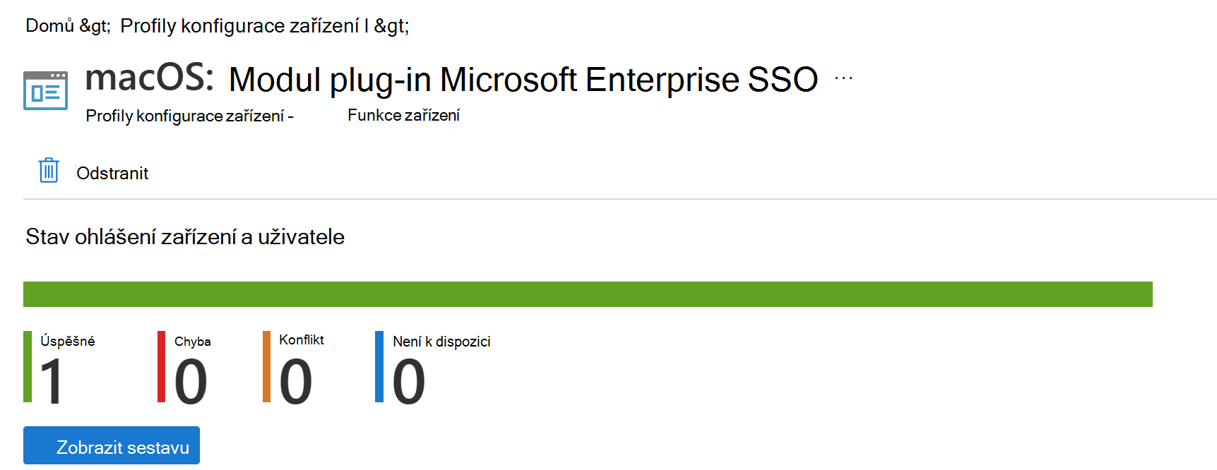Snímek obrazovky znázorňující sestavu nasazení konfiguračního profilu zařízení s macOS v Microsoft Intune