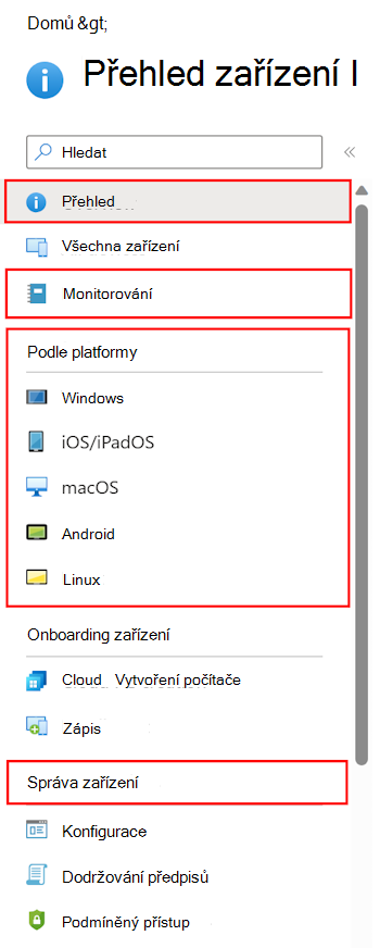 Snímek obrazovky, který ukazuje, jak vybrat Zařízení, abyste viděli, co můžete nakonfigurovat a spravovat v Microsoft Intune