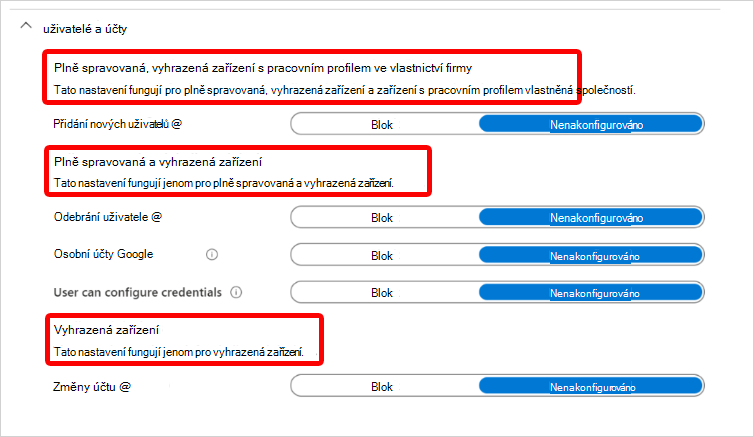 Snímek obrazovky znázorňující hlavičky nastavení Uživatelé a účty Androidu Enterprise a typy registrací, na které se vztahují v Microsoft Intune