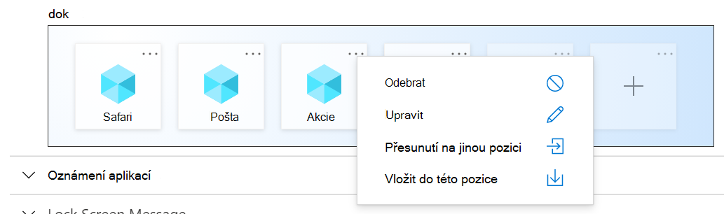 Ukázková nastavení rozložení domovské obrazovky pro iOS/iPadOS v Microsoft Intune