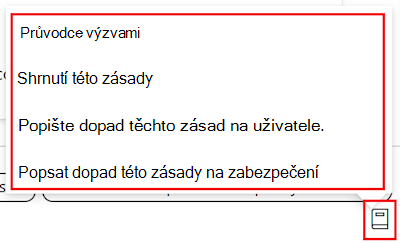 Snímek obrazovky znázorňující průvodce výzvou pro zásady Copilot a seznam dostupných výzev v katalogu nastavení v Microsoft Intune a Centru pro správu Intune