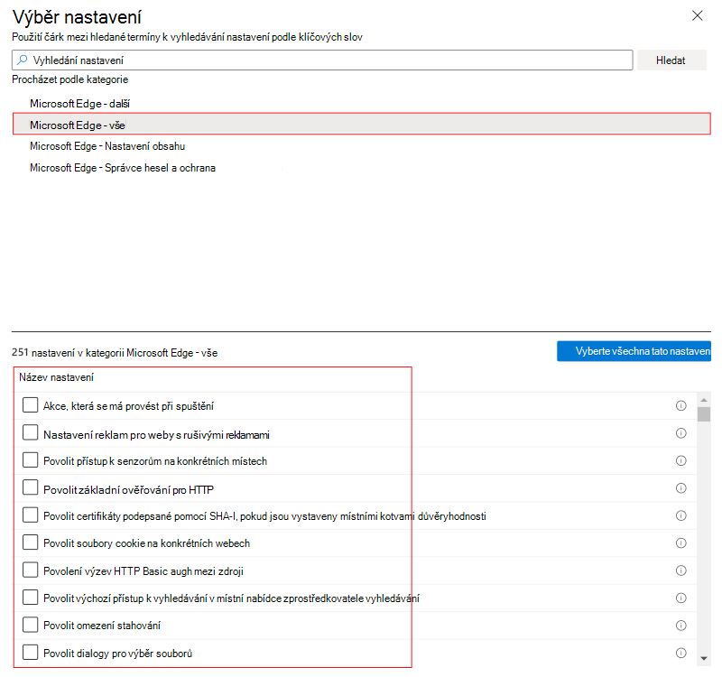 Snímek obrazovky, který ukazuje Katalog nastavení, když vyberete macOS a vyberete funkci nebo kategorii v Microsoft Intune a Centru pro správu Intune