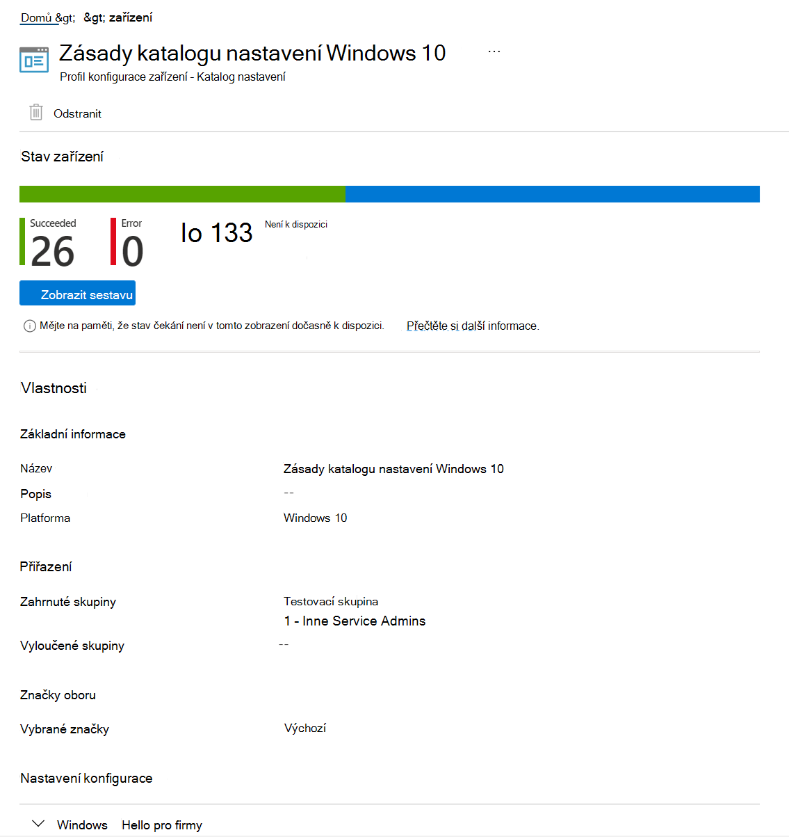 Snímek obrazovky, který ukazuje, jak vybrat zásadu katalogu nastavení a zobrazit stav zařízení, stav zásad a vlastnosti v Microsoft Intune a Centru pro správu Intune