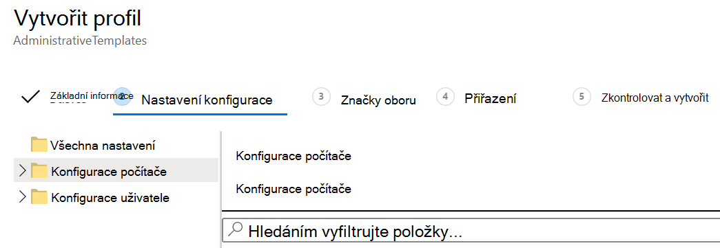 Snímek obrazovky, který ukazuje, jak použít nastavení šablony ADMX u uživatelů a zařízení v Microsoft Intune