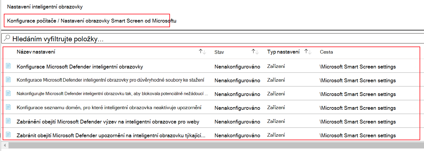 Snímek obrazovky, který ukazuje, jak zobrazit nastavení zásad Filtru SmartScreen pro Microsoft Edge v šablonách ADMX v Microsoft Intune