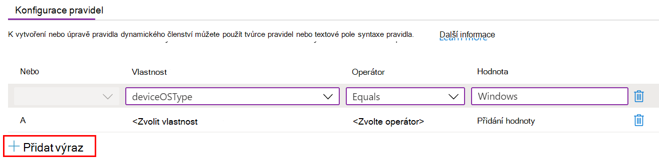 Snímek obrazovky, který ukazuje, jak vytvořit dynamický dotaz a přidat výrazy do šablony Microsoft Intune pro správu