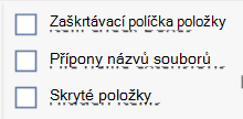 Snímek obrazovky, který ukazuje, jak vybrat přípony názvů souborů na kartě Zobrazení v Průzkumníku souborů Windows