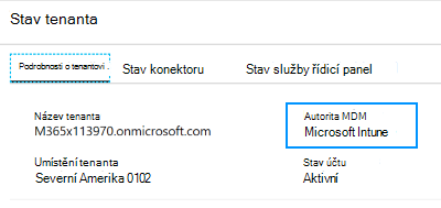 Snímek obrazovky, který ukazuje, jak nastavit autoritu MDM tak, aby Microsoft Intune ve stavu tenanta