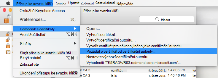 Vyžádání certifikátu od certifikační autority v přístupu k klíči