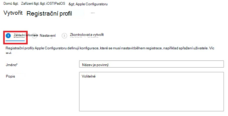 Snímek obrazovky s podoknem vytvořit registrační profil s vybranou kartou Základy