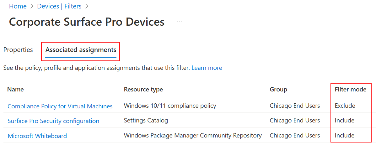 Snímek obrazovky zobrazující přidružené karty přiřazení pro existující filtr v Microsoft Intune