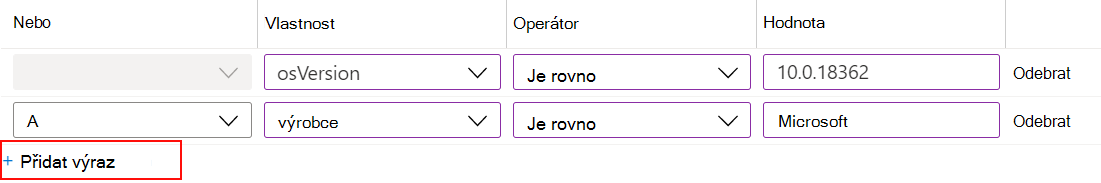 Snímek obrazovky, který ukazuje, jak použít tvůrce pravidel v Microsoft Intune k vytvoření filtru výrazů a přiřazení k zásadám