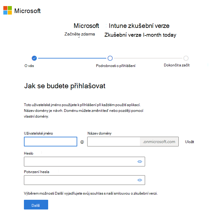 Snímek obrazovky se stránkou Microsoft Intune nastavení účtu – Přihlášení