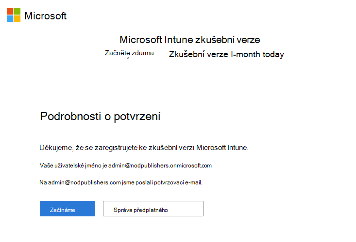 Snímek obrazovky se stránkou Microsoft Intune nastavení účtu – podrobnosti o potvrzení