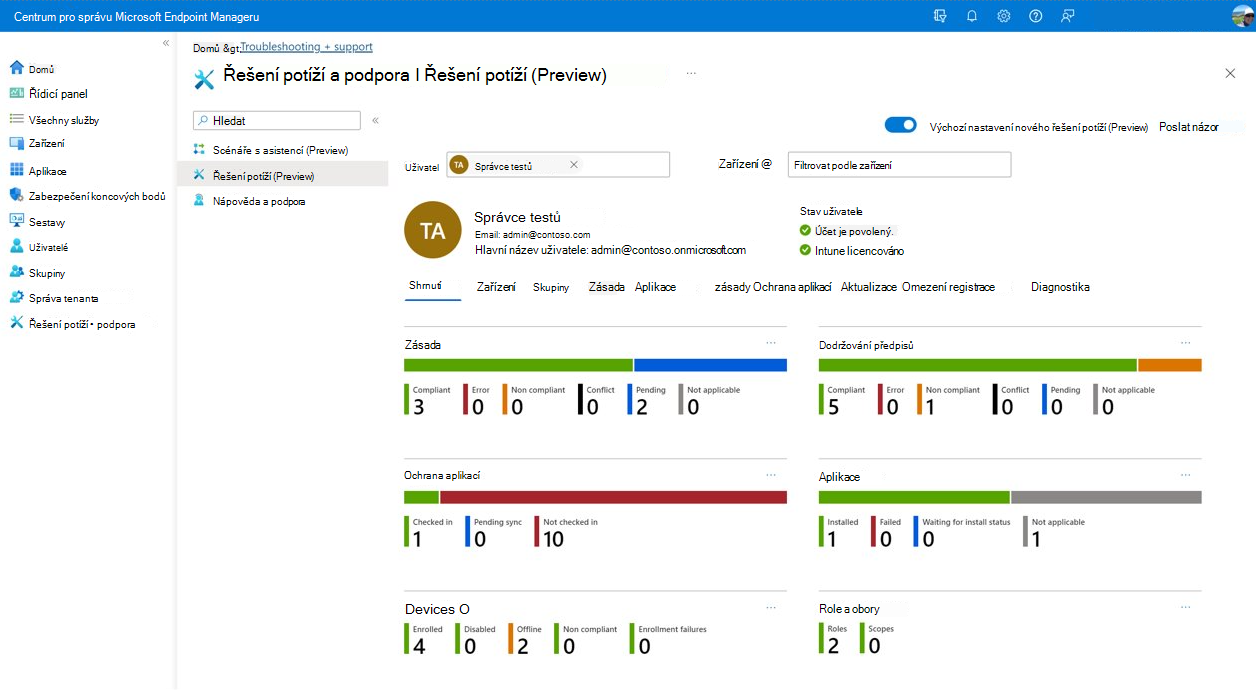 řídicí panel pro řešení potíží s Intune