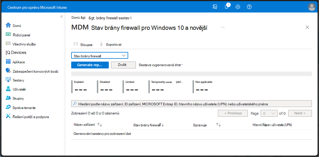 Zobrazení sestavy stavu brány firewall