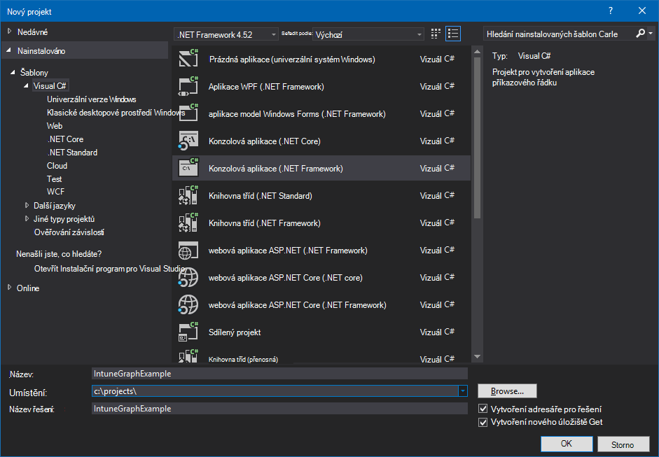 Vytvoření projektu konzolové aplikace jazyka C# v sadě Visual Studio
