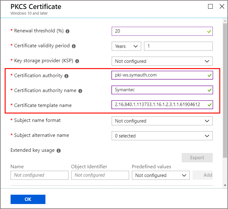 Výběry pro certifikační autoritu a šablonu certifikátu