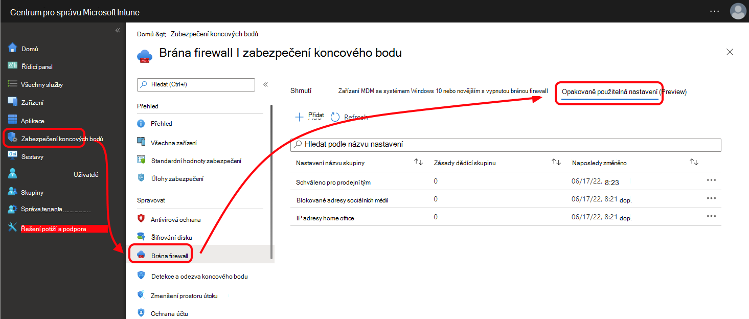 Snímek obrazovky znázorňující kartu Opakovaně použitelné nastavení pro zásady brány firewall v Centru pro správu Microsoft Intune