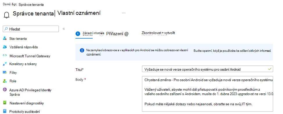 Snímek obrazovky s vlastní zprávou oznámení v Centru pro správu Microsoft Intune