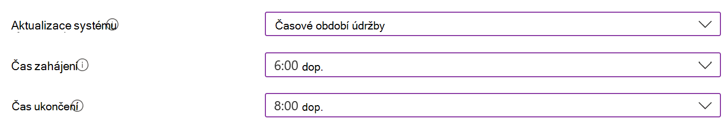 Snímek obrazovky znázorňující nastavení aktualizace systému s časovým obdobím údržby pro zařízení s Androidem Enterprise v Centru pro správu Microsoft Intune