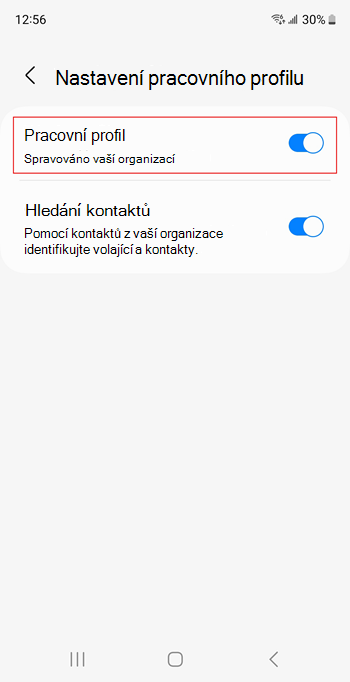 Snímek obrazovky se zapnutým přepínačem Pracovního profilu v nastavení zařízení Samsung Galaxy S20