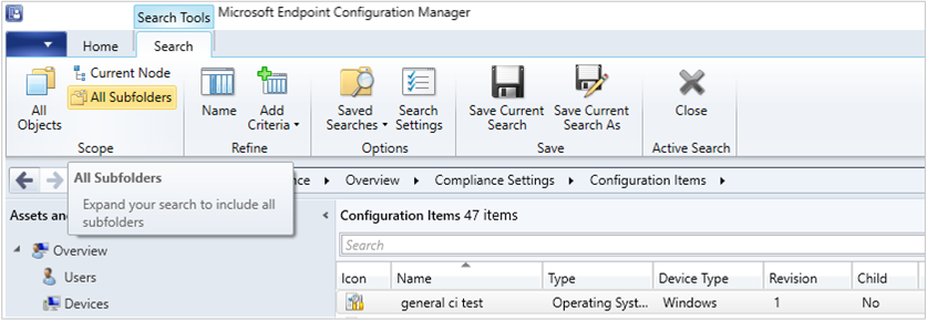 Snímek obrazovky konzoly nástroje Configuration Manager, uzlu Položky konfigurace a karty Hledání