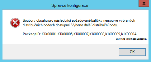 Chybová zpráva v průvodci multimédií pořadí úkolů, když není v distribučních bodech k dispozici obsah, který obsahuje seznam ID chybějících balíčků.